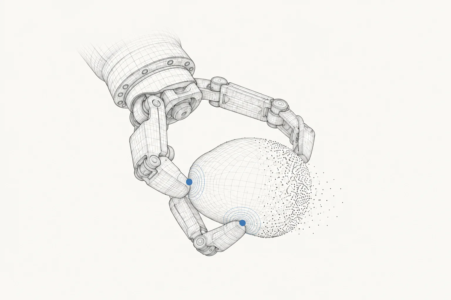 An articulated robotic gripper senses the surface of an object, connecting physical contact with a point cloud.