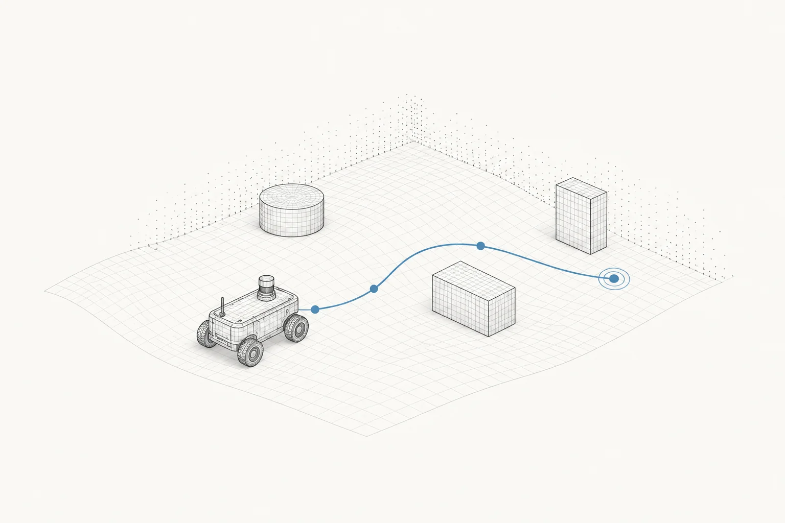 An autonomous rover follows a revised path around obstacles in a sensed environment.